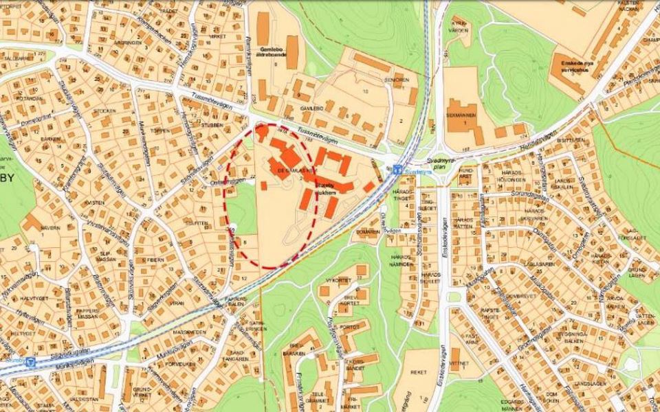 Översiktskarta över Stureby med ungefärligt inringat planområde.